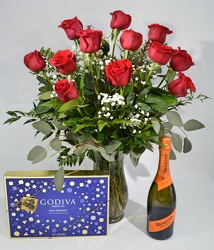 Dozen Roses Godiva and Champagne from Beecher Florist, flower delivery in Beecher
