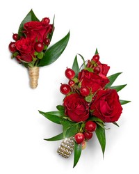 Crimson Corsage and Boutonniere Set from Beecher Florists, flower delivery in Beecher